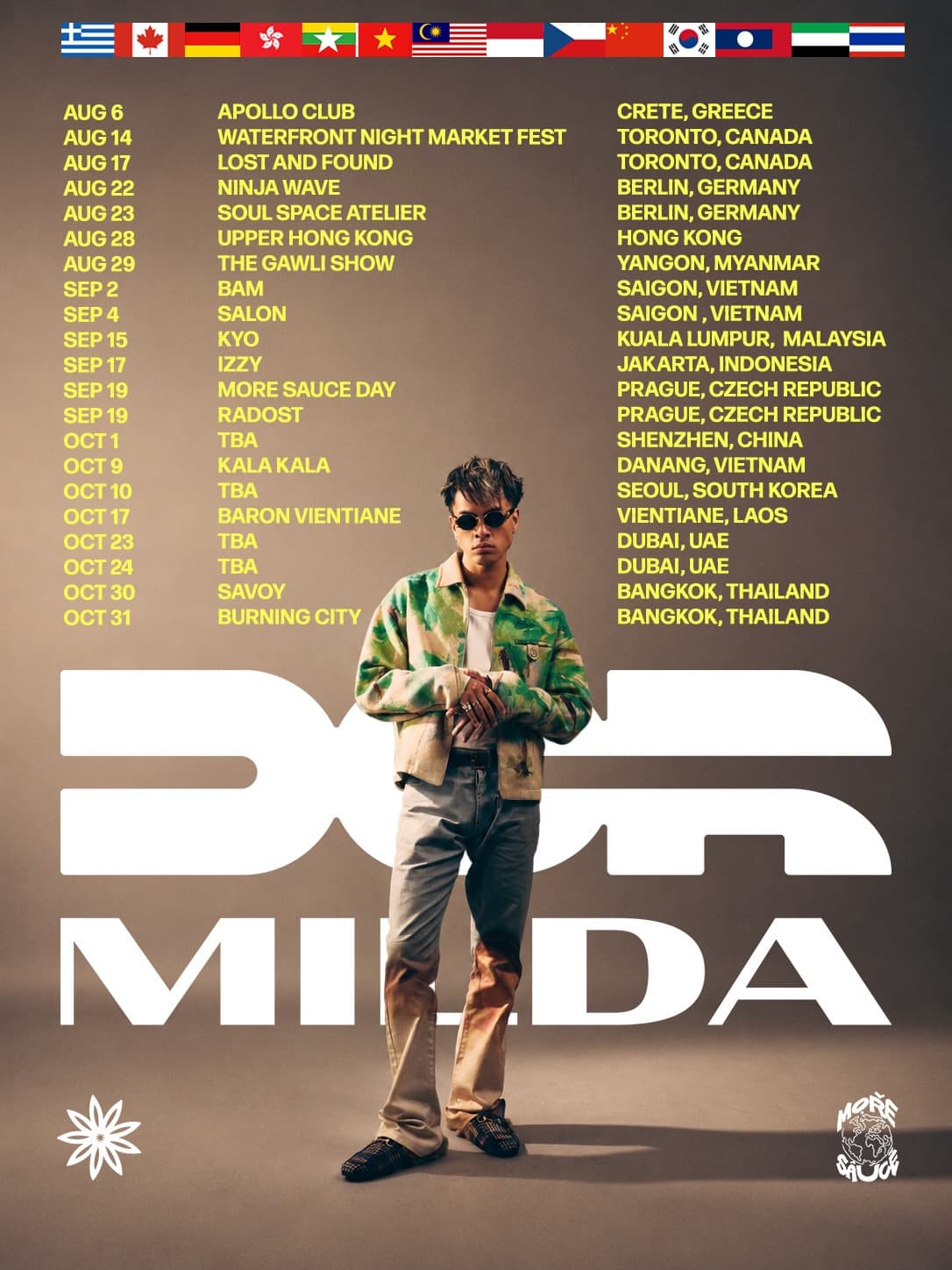 DCR Milda 2026 world tour flyer listing dates across Europe, North America and Asia