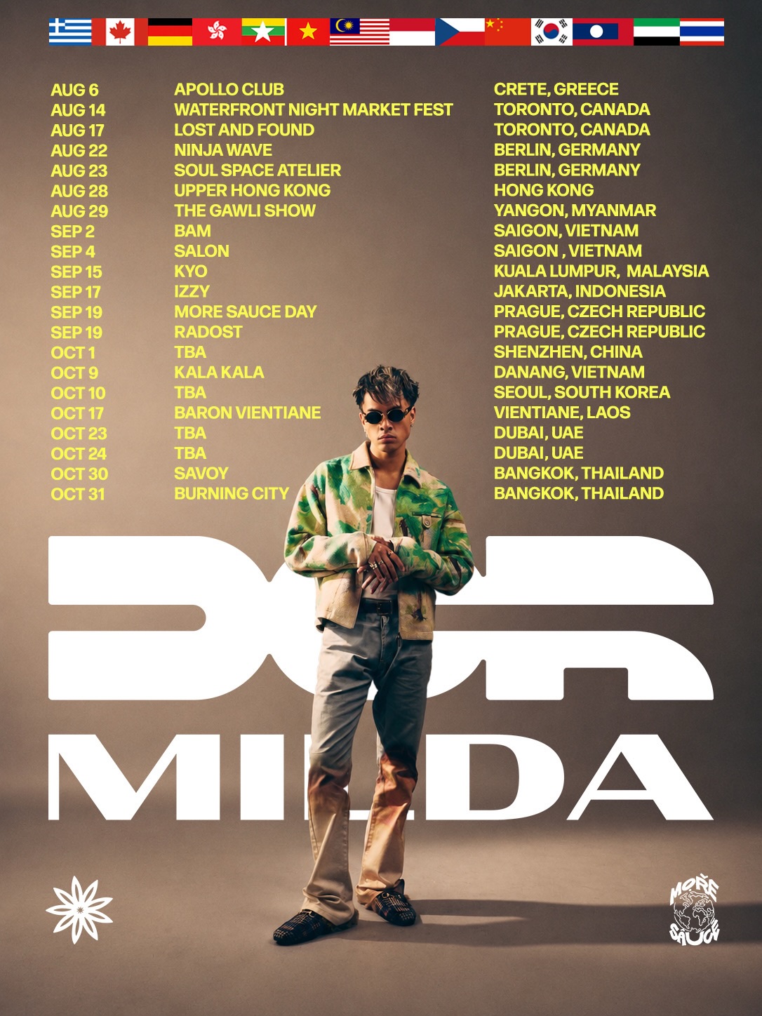 DCR Milda 2026 world tour flyer listing dates across Europe, North America and Asia